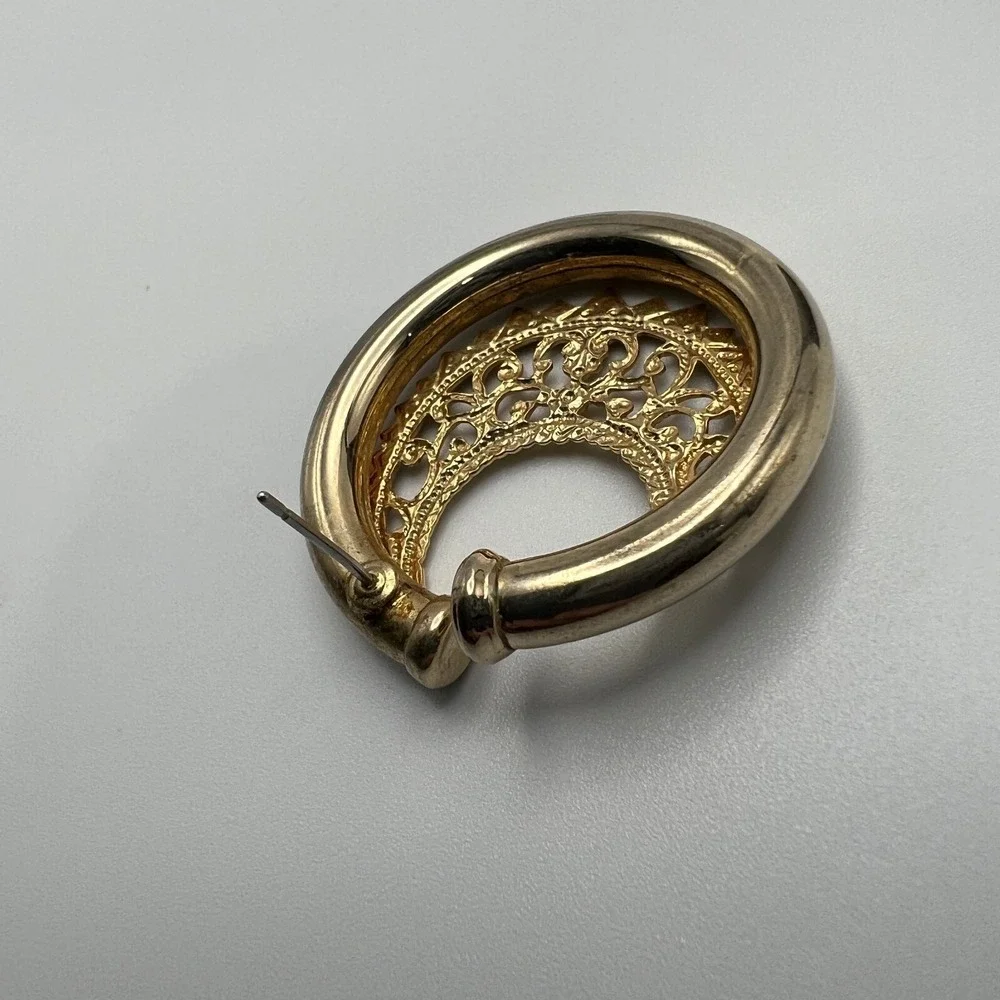 Vintage Pierced‎ Earrings Gold Tone Filigree Open Metalwork Large Statement